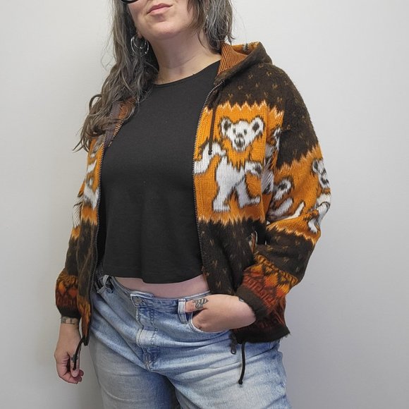 GRATEFUL DEAD Bears Fuzzy Wool/Cotton Zip Hoodie Sweater Brown Orange Unisex S - Picture 7 of 11